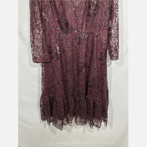 NWT $498 Mac Duggal [ 16 ] Lace Embellished Long‎ Sleeve Ruffle Dress Wine Red - Picture 5 of 15